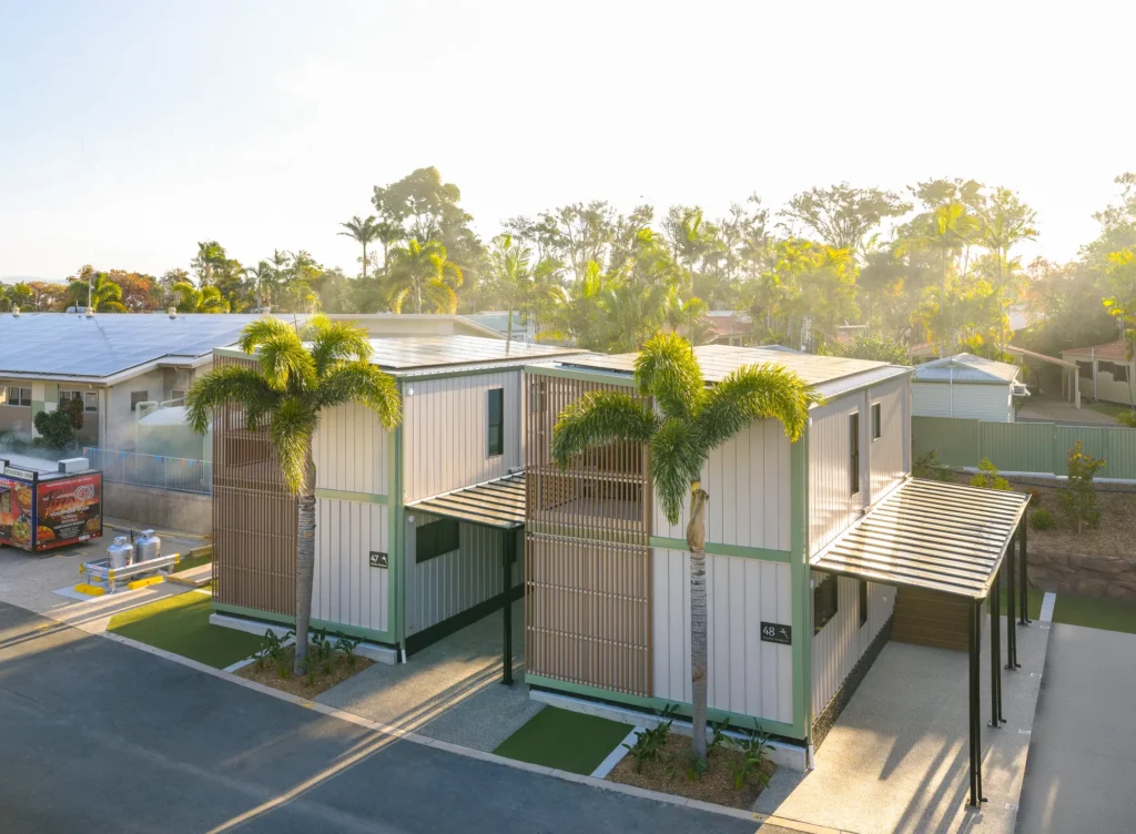 ModnPods Low Rise Modular Solutions in Australia. Two Storey houses next to each other as part of a Holiday Park expansion.